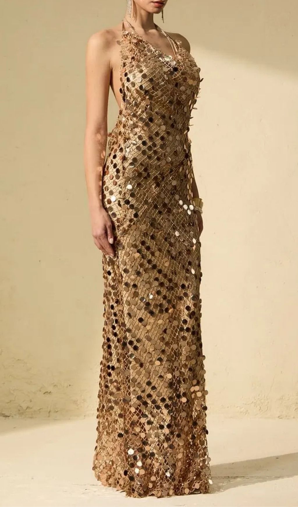 8ca3bbbca99be9c793d78bbfe34116ec Jennifer Gold Sequin Fishnet Backless Maxi Dress
