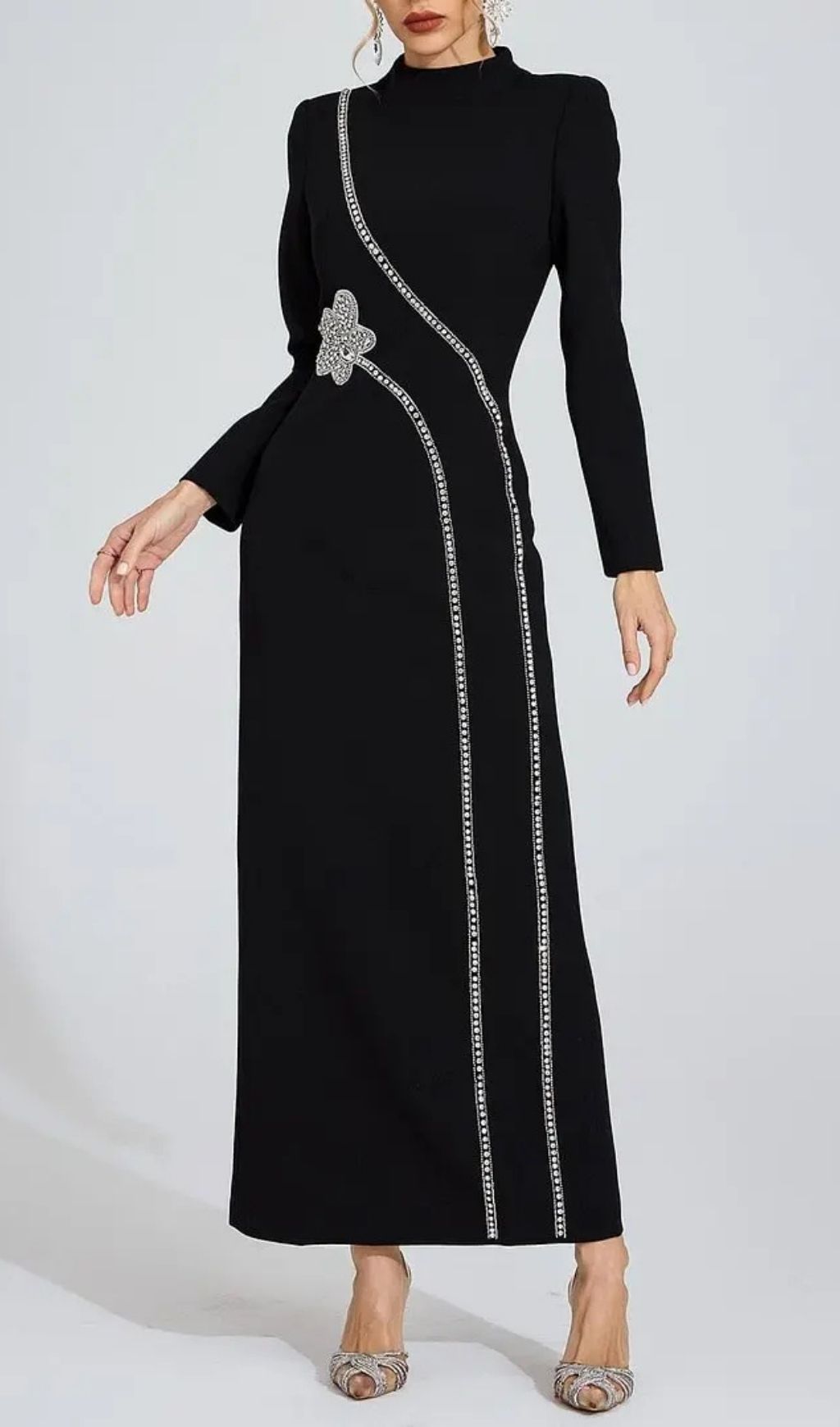 Nicola Diamond Embellished Long Sleeve Maxi Dress - Black