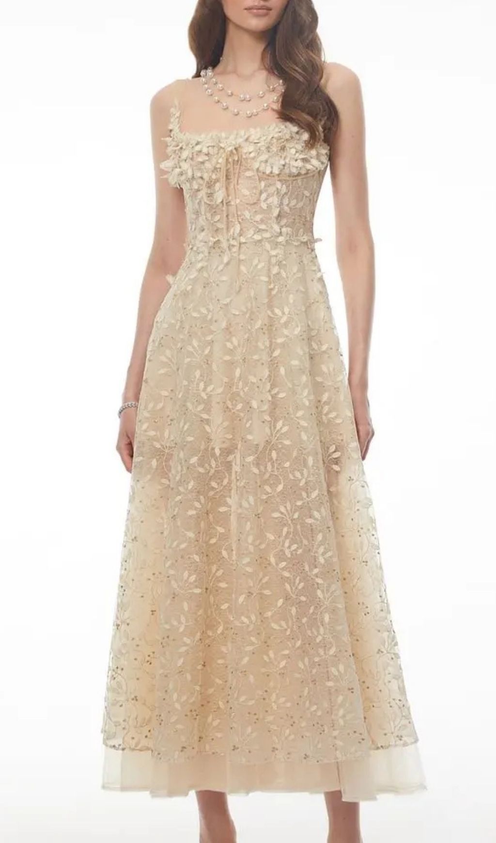 Gabriella Champagne Tulle Maxi Dress With 3D Petals