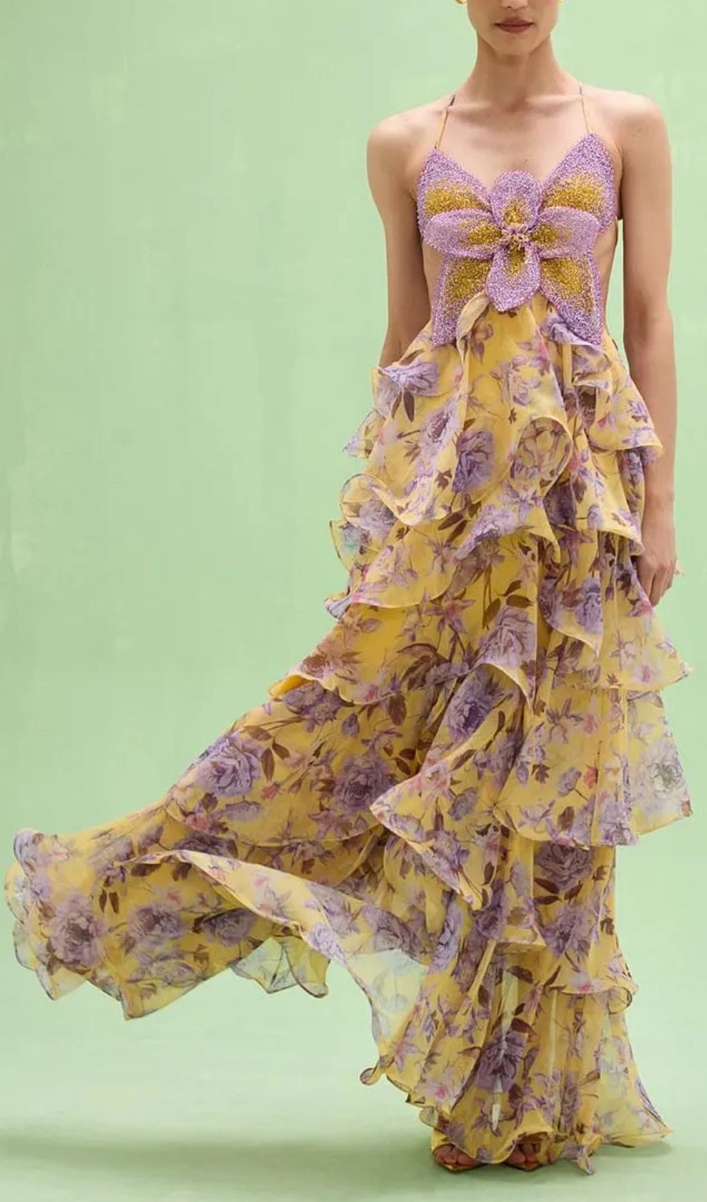Mavis Embroidered Beaded Hibiscus Print Halter Neck Long Chiffon Maxi Dress - Purple / Yellow