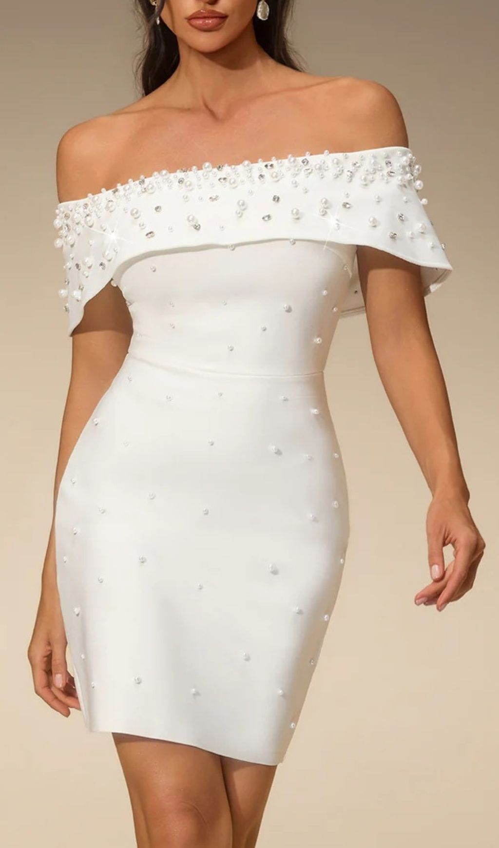 8cd219fa8694385df5b40de0d3606540.jpg Fashionslee Women Everild Off Shoulder Pearl Bandage Mini Dress