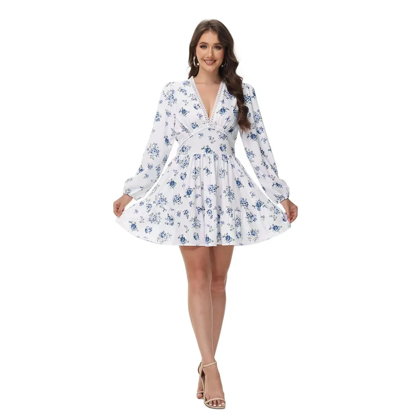 Printed V-Neck Puff Sleeve Lace Mini Dress