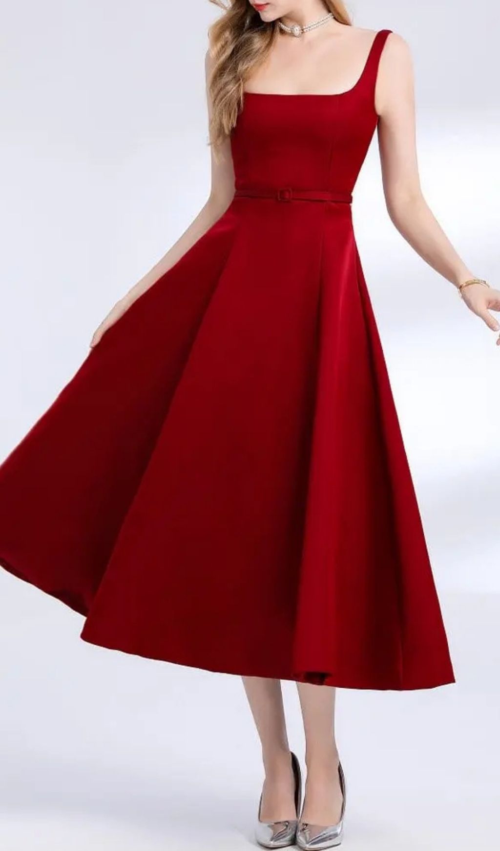 Amelia Square Neck Satin Slip Midi Dress - Red
