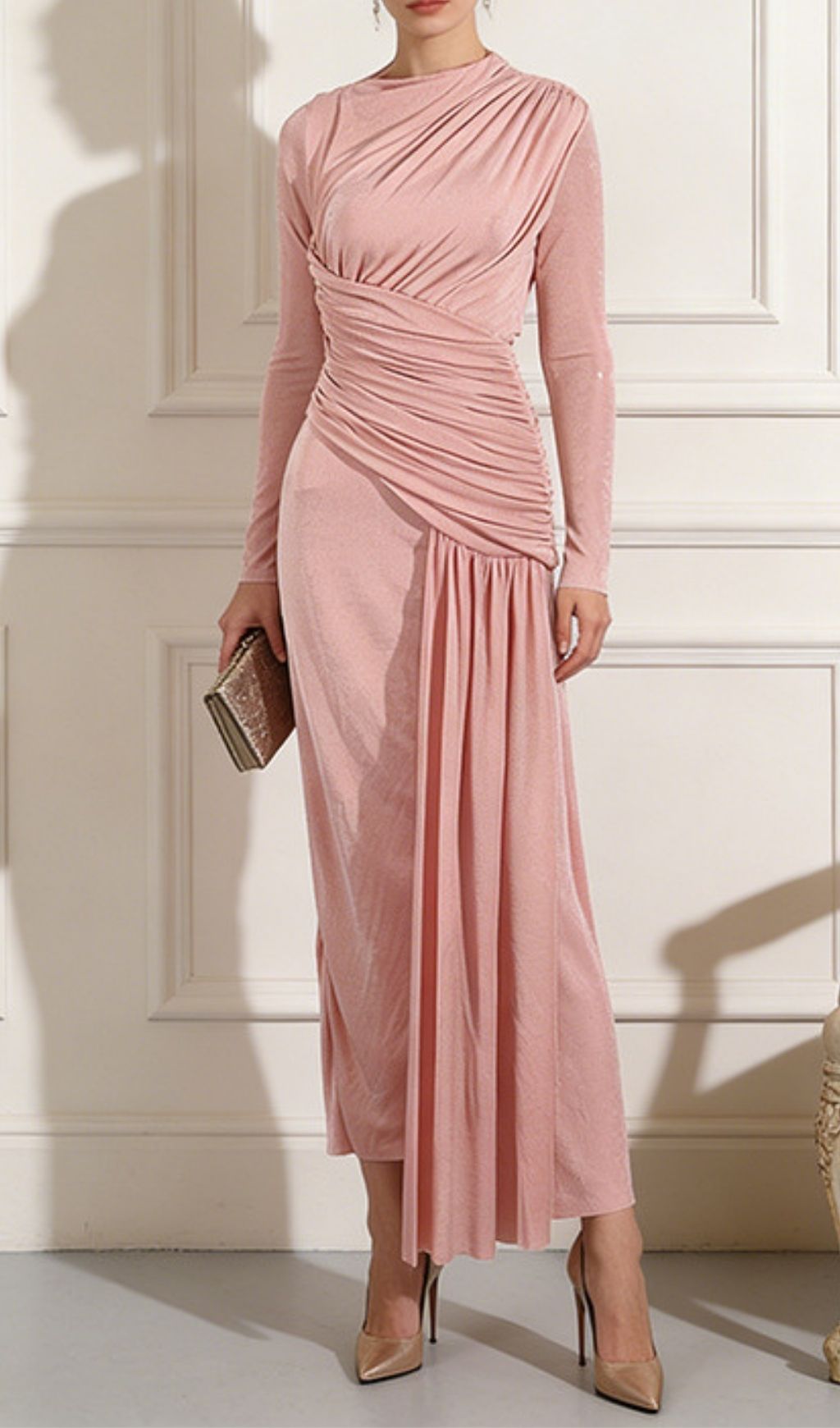 Fashionslee Women Leoni Long Sleeve Ruched Maxi Dress
