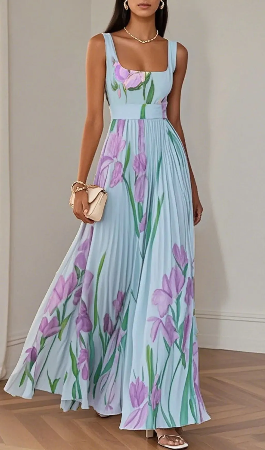 8d4706e3b98fa51059d48492bbf07e5f.webp Fashionslee Women White Pleated Floral Chiffon Square Neck Sleeveless A-Line Maxi Dress