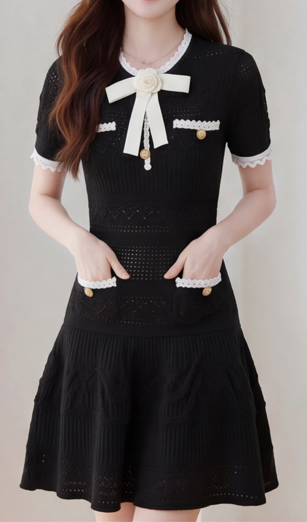 Fashionslee Women Madelene Black Flower Bow Knit Mini Dress