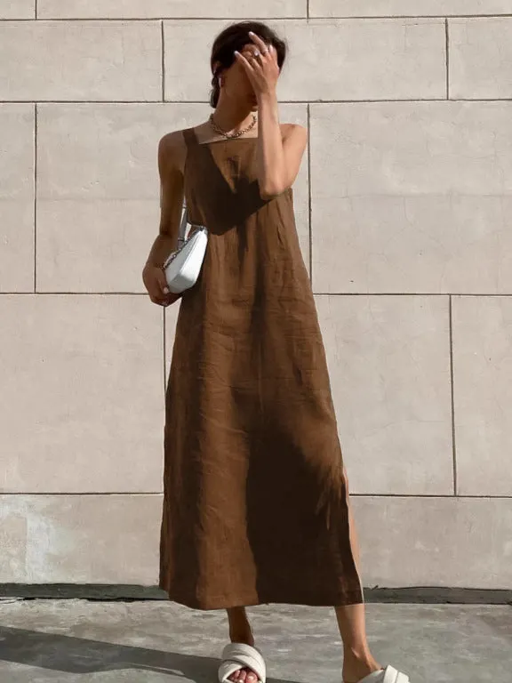 Cotton Linen Side Slit Strap Midi Dress