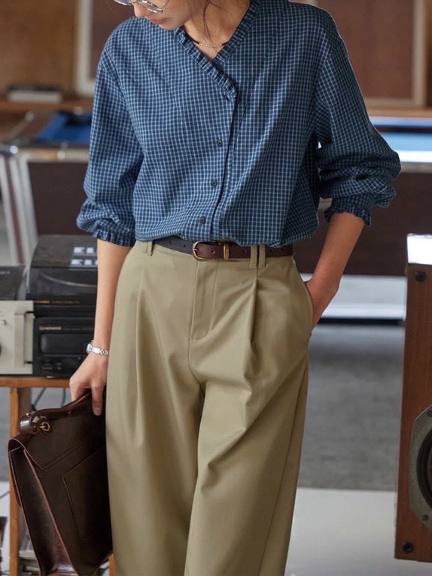 Navy Blue Plaid V-Neck Ruffled Long-Sleeve Shirt