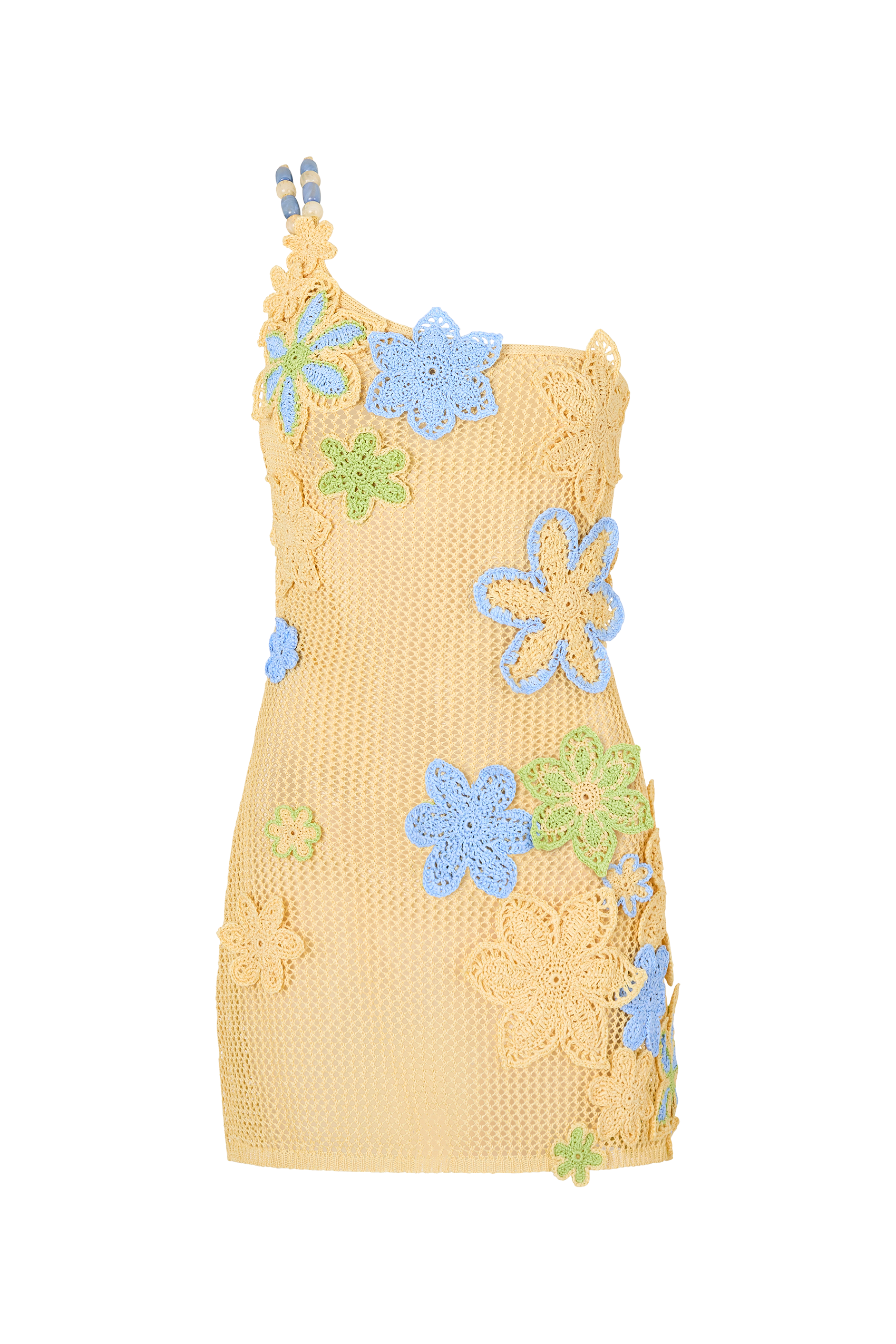 One-Shoulder Floral Crochet Mini Dress – Yellow - OWNCI One-Shoulder Floral Crochet Mini Dress – Yellow - OWNCI