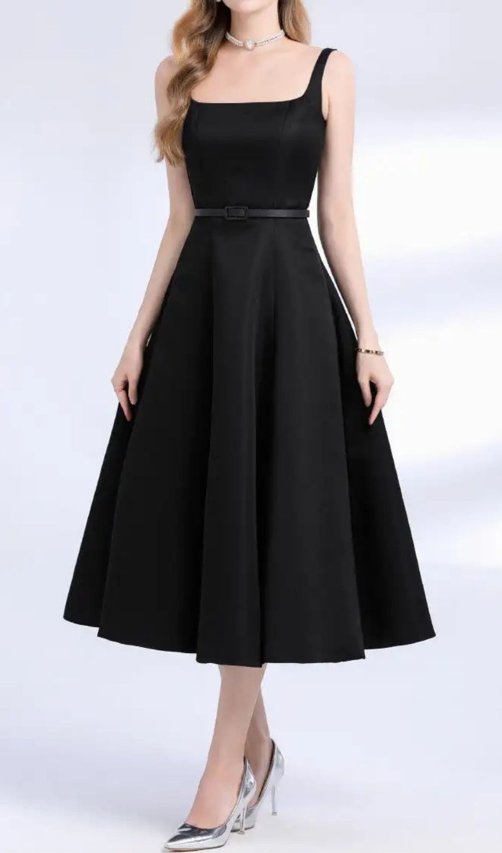 Amelia Square Neck Satin Slip Midi Dress - Black