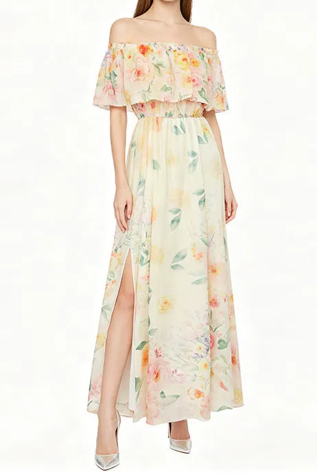 Off-Shoulder Print Slit Chiffon Maxi Dress - Pale Yellow