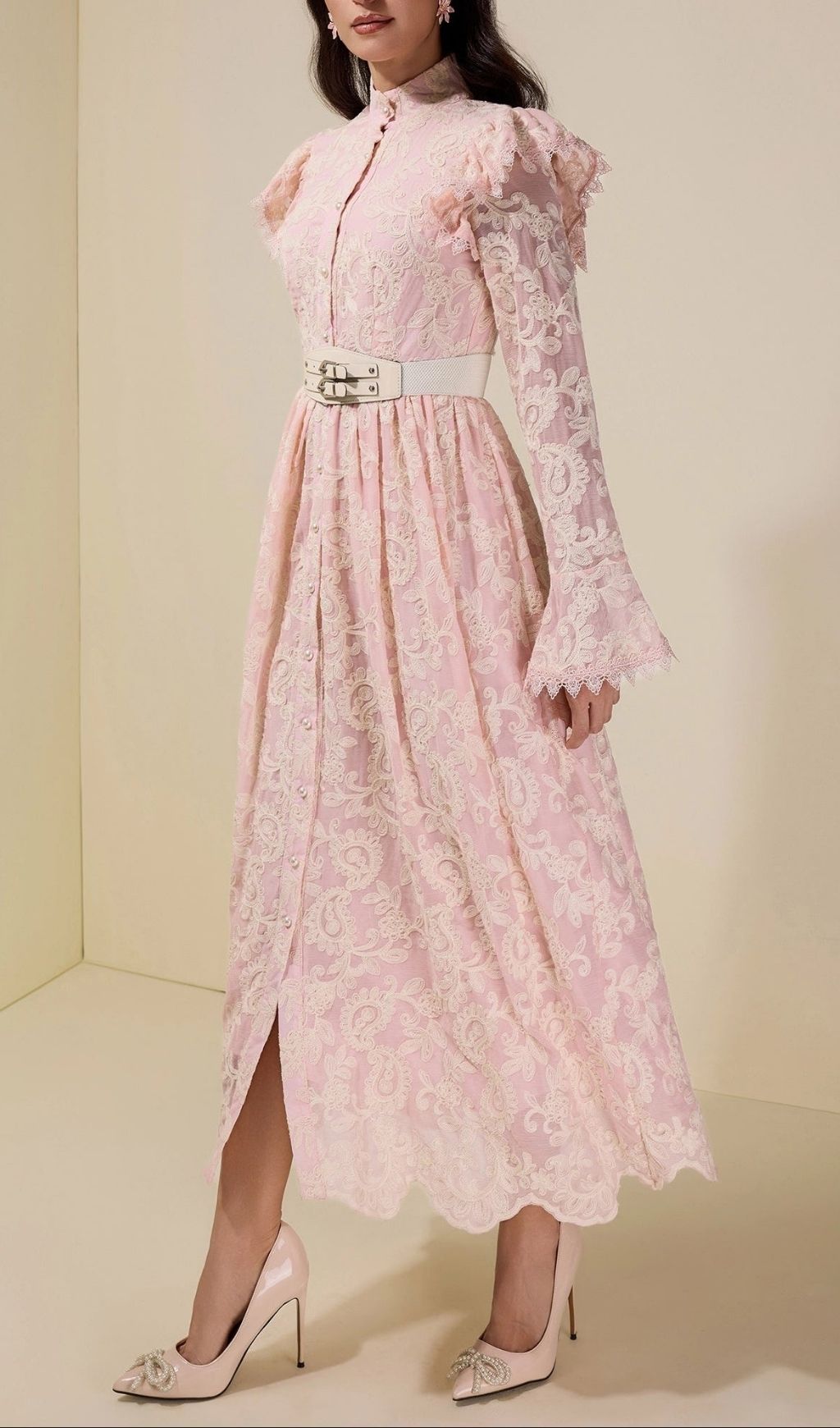 8ee56563e4924118a0430b6717c74536 Alma Chiffon Embroidered Single Breasted Midi Dress With Belt - Pink