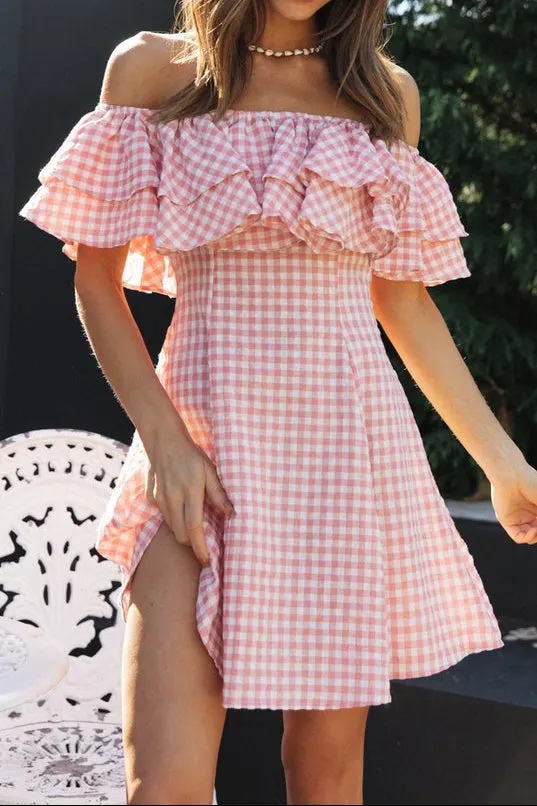 Off Shoulder Ruffle Plaid Mini Dress - Pink