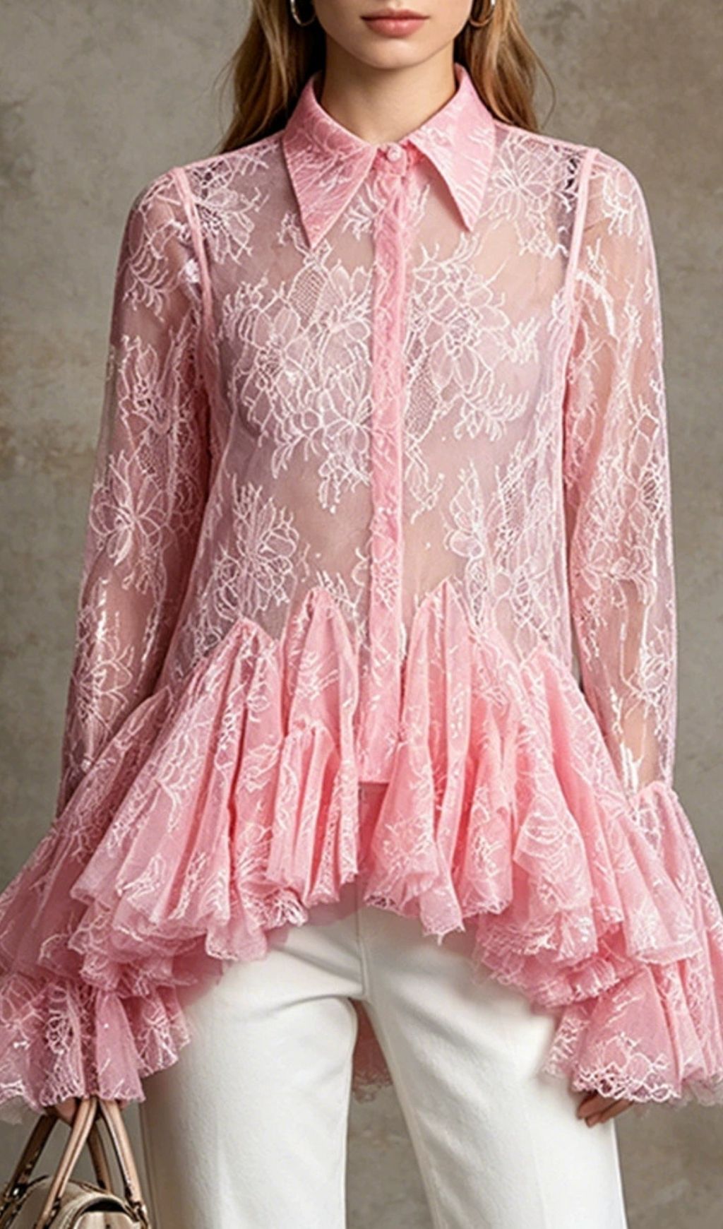Fashionslee Women Lesli Pink Lace Long Sleeve Top