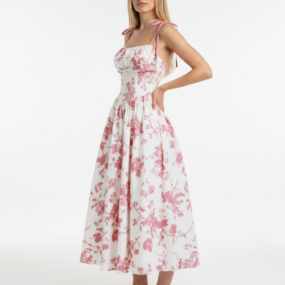 Smocked Floral Square Neck A-line Midi Dress - OWNCI