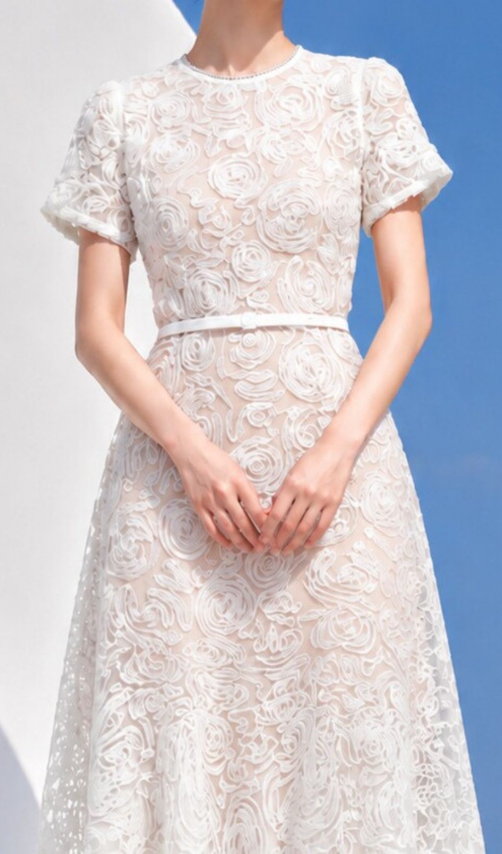 Latoya White Floral Belt Midi Dress for Wedding Guest - white, floral midi dress by OWNCI