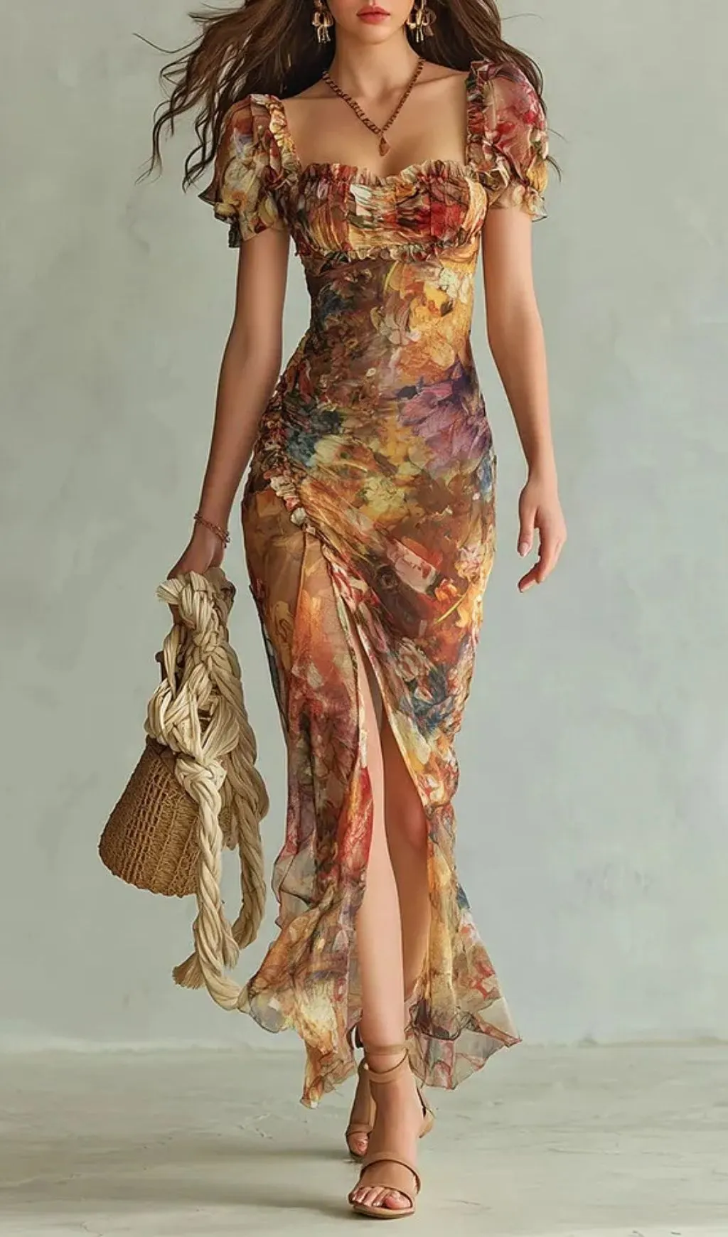 Fashionslee Women Orange Bohemian Holiday Oil Painting Print Chiffon Maxi Dress
