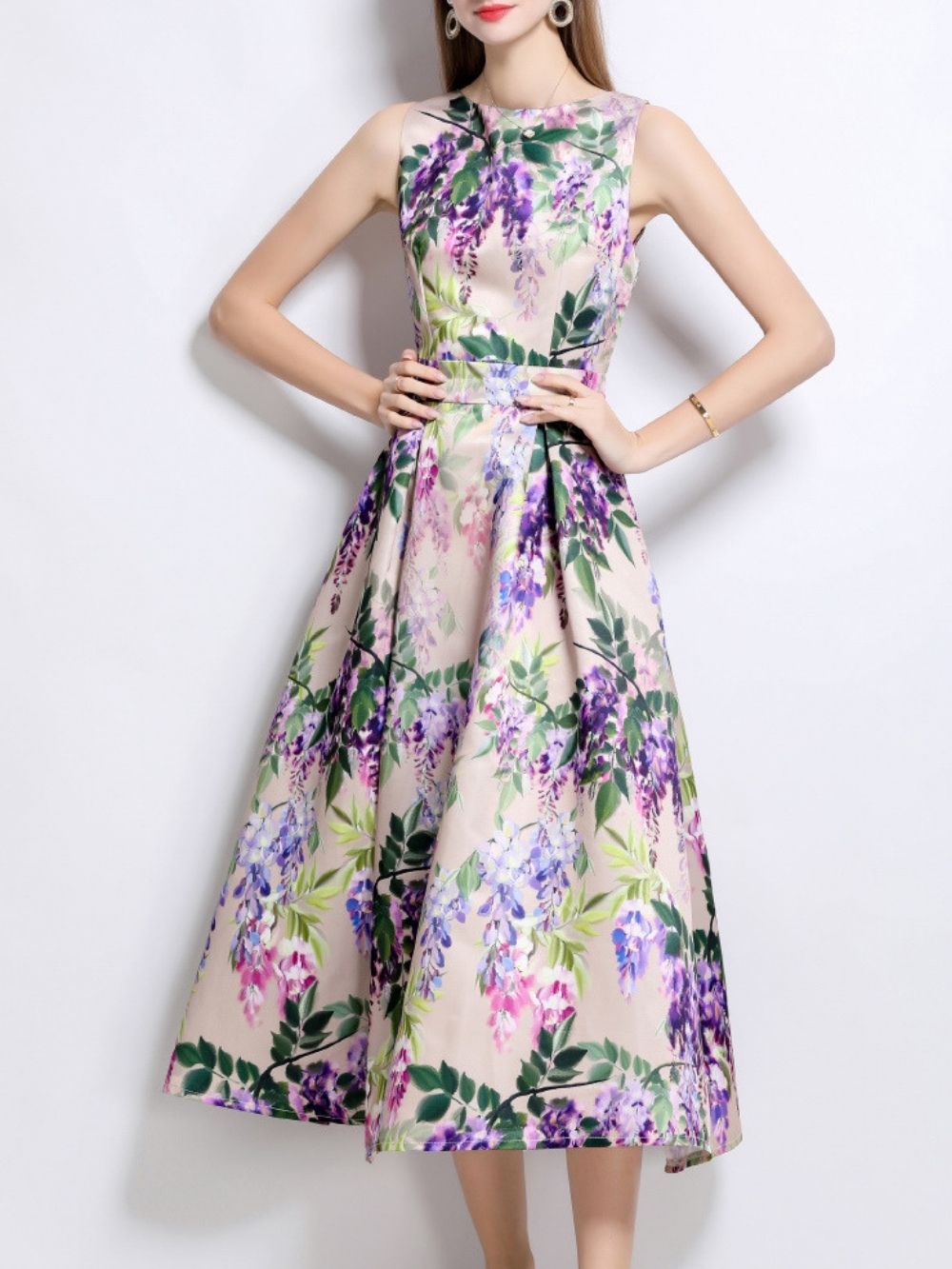 Maicy Purple Sleeveless Floral Midi Dress - OWNCI