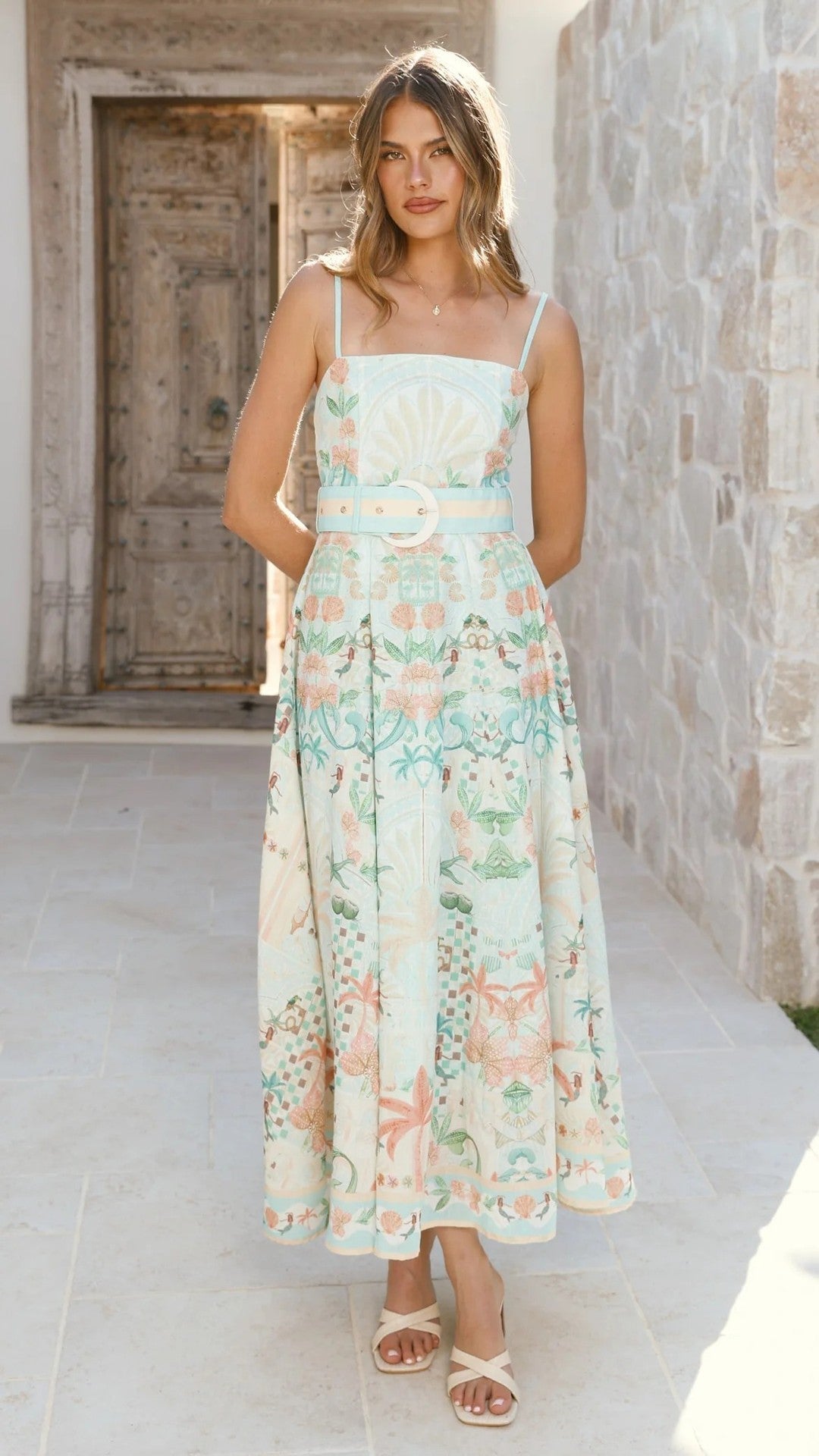 Green Large Swing Floral Linen Sleeveless Slip Dress