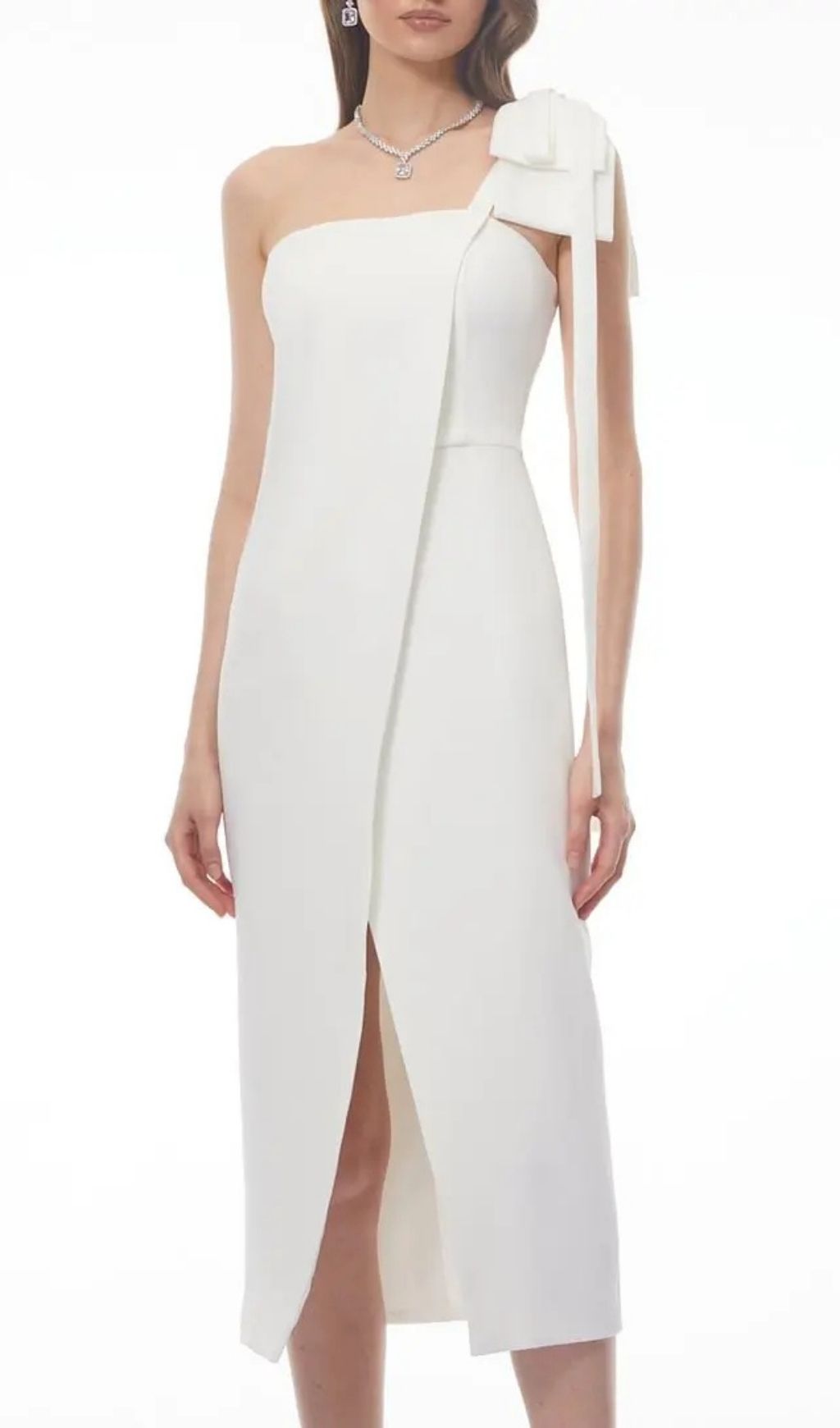 90475ae543bc5f0088f80adf20d1bc92 Estelle White Off Shoulder Satin Midi Dress With Bow