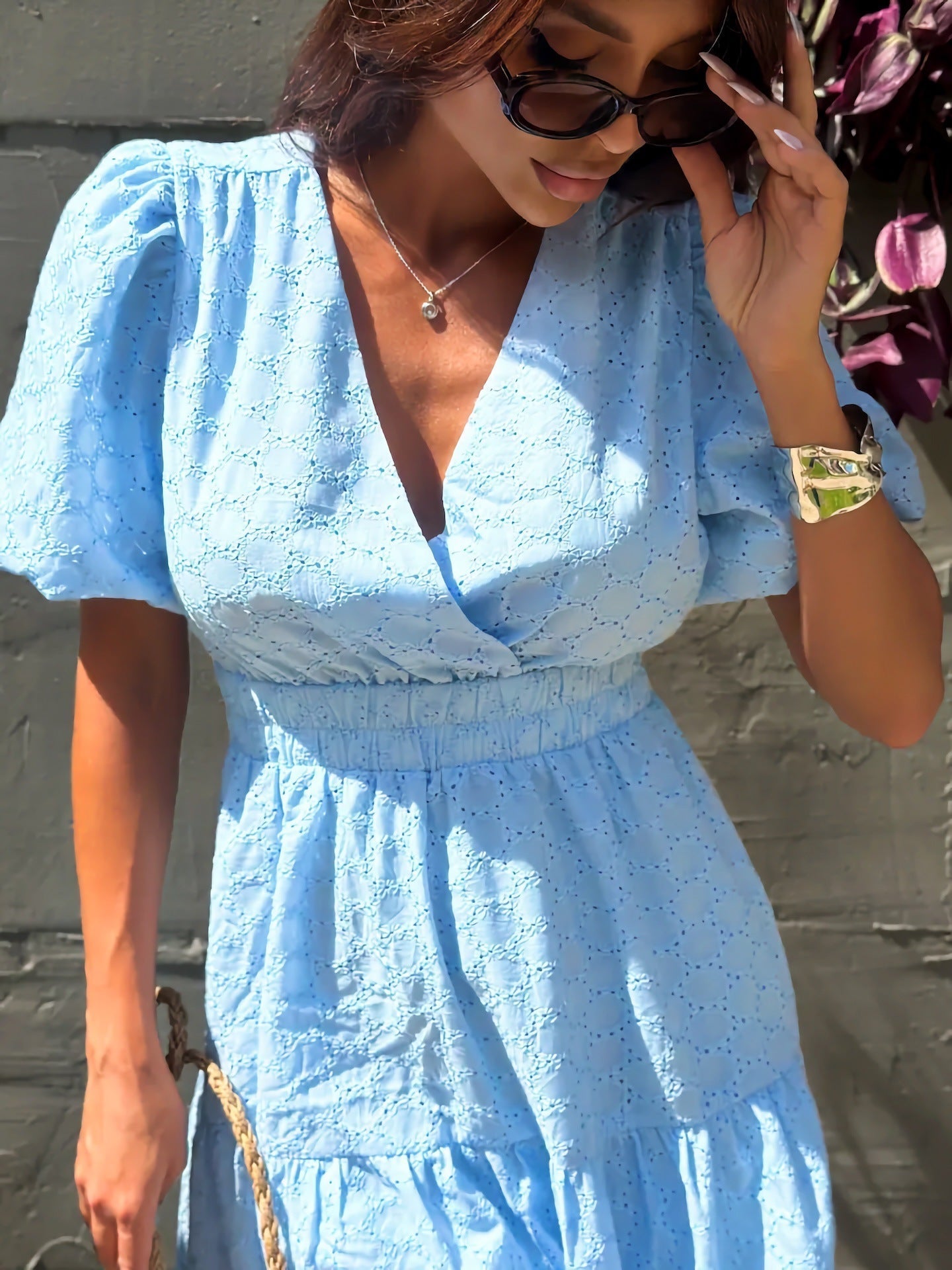 V-Neck Openwork Embroidery Maxi Dress