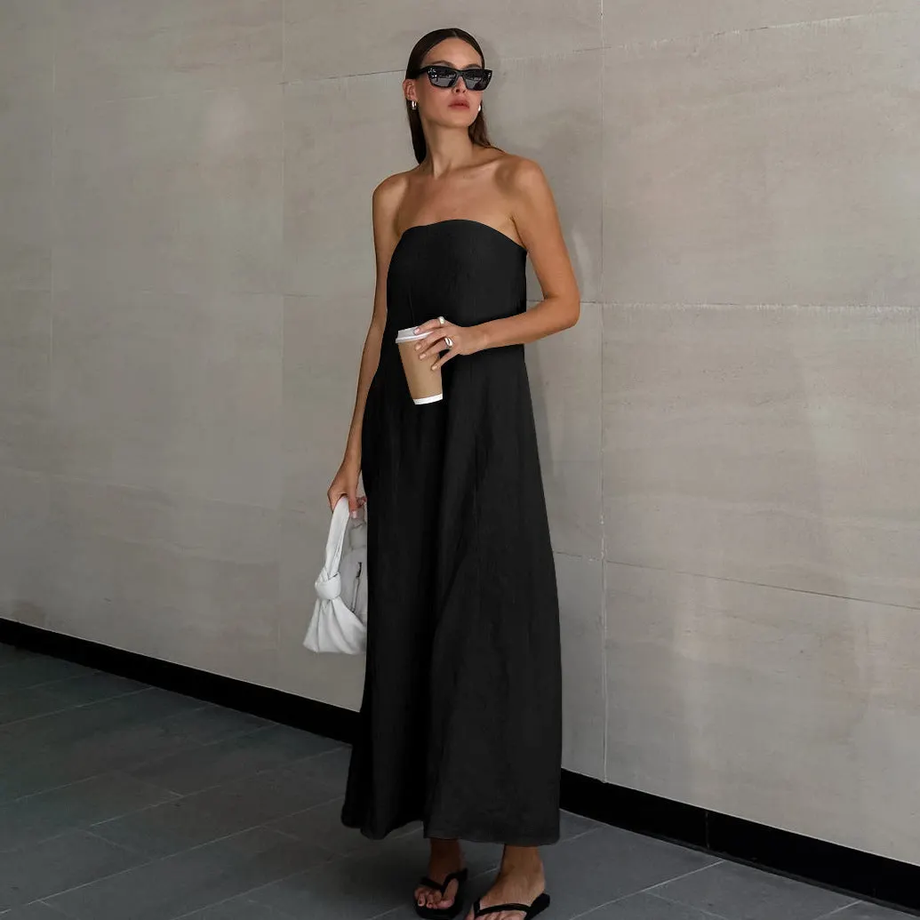 Cotton Linen Strapless A-Line Midi Dress