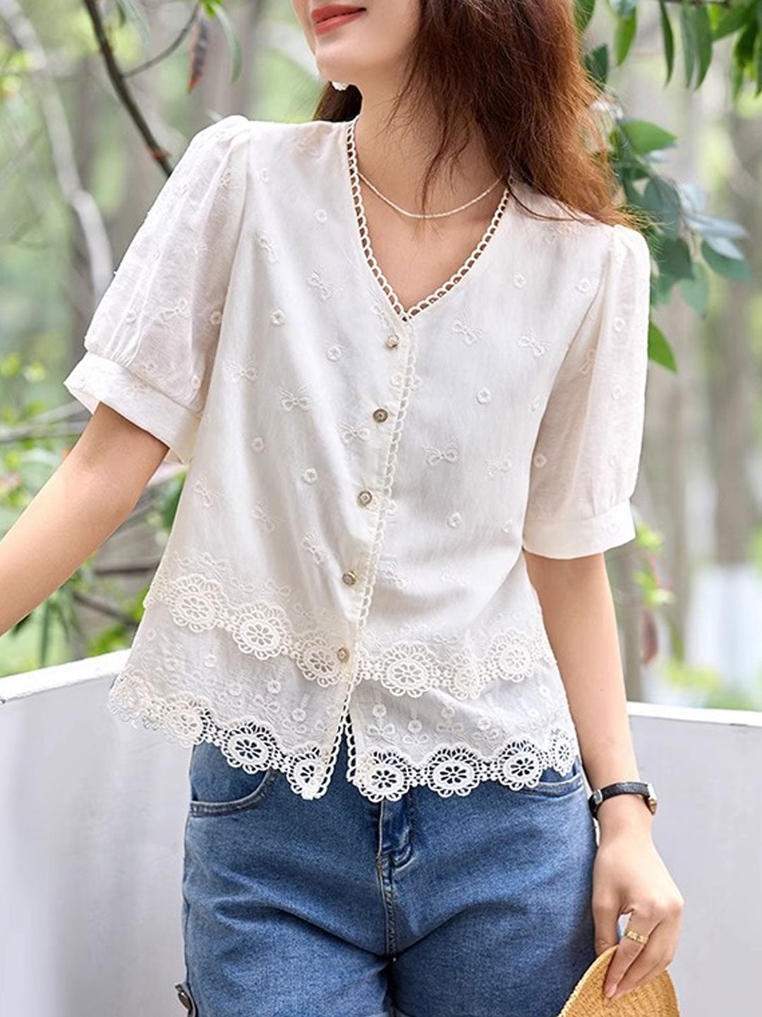 90b48204cdf9d9f0b9437df03408a5f2 Sabina Loose V-Neck Hollowed Lace Top