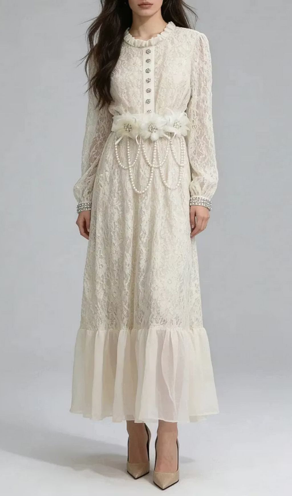 Deborah 3D Floral Tulle Lace Maxi Dress In White