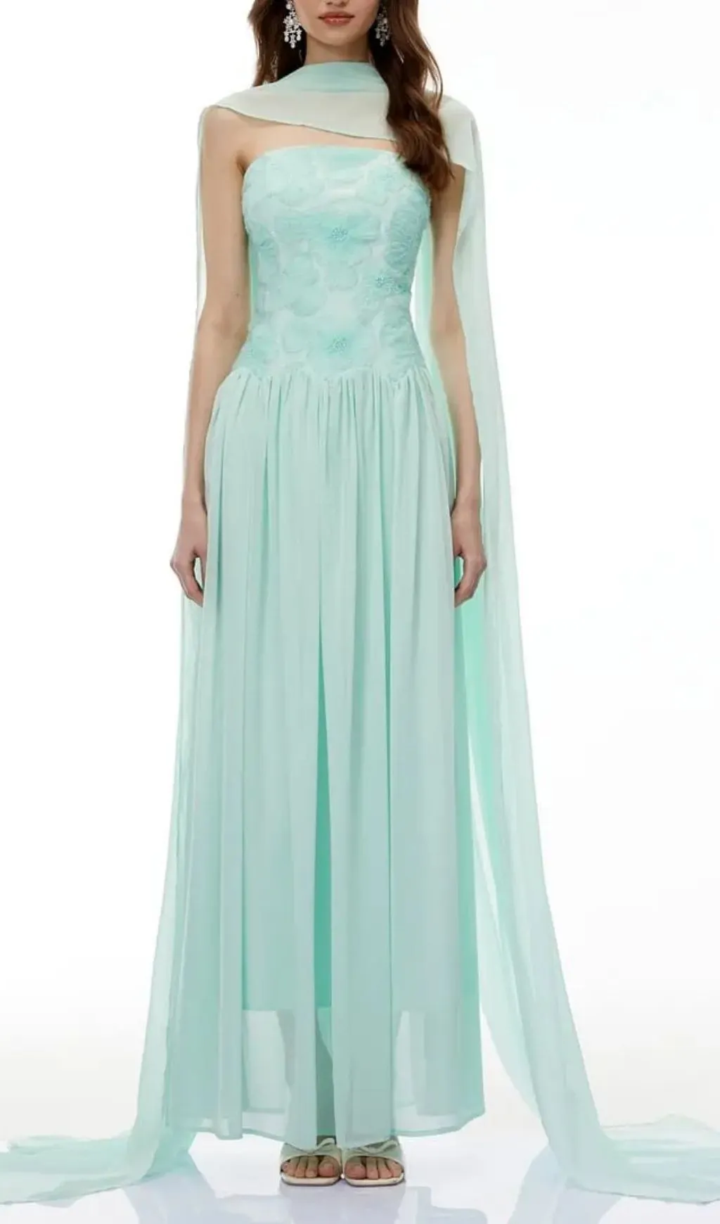 Rebecca Green Floral Embroidered Pleated Maxi Dress