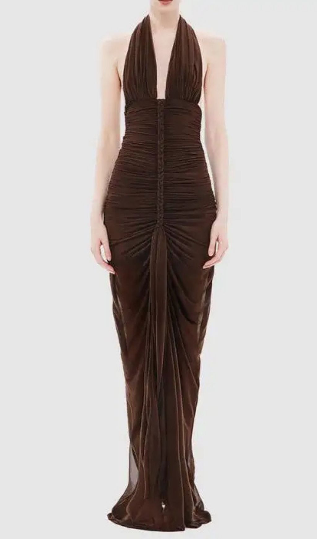 Nancy V-Neck Pleated Braided Bodycon Maxi Dress - Brown