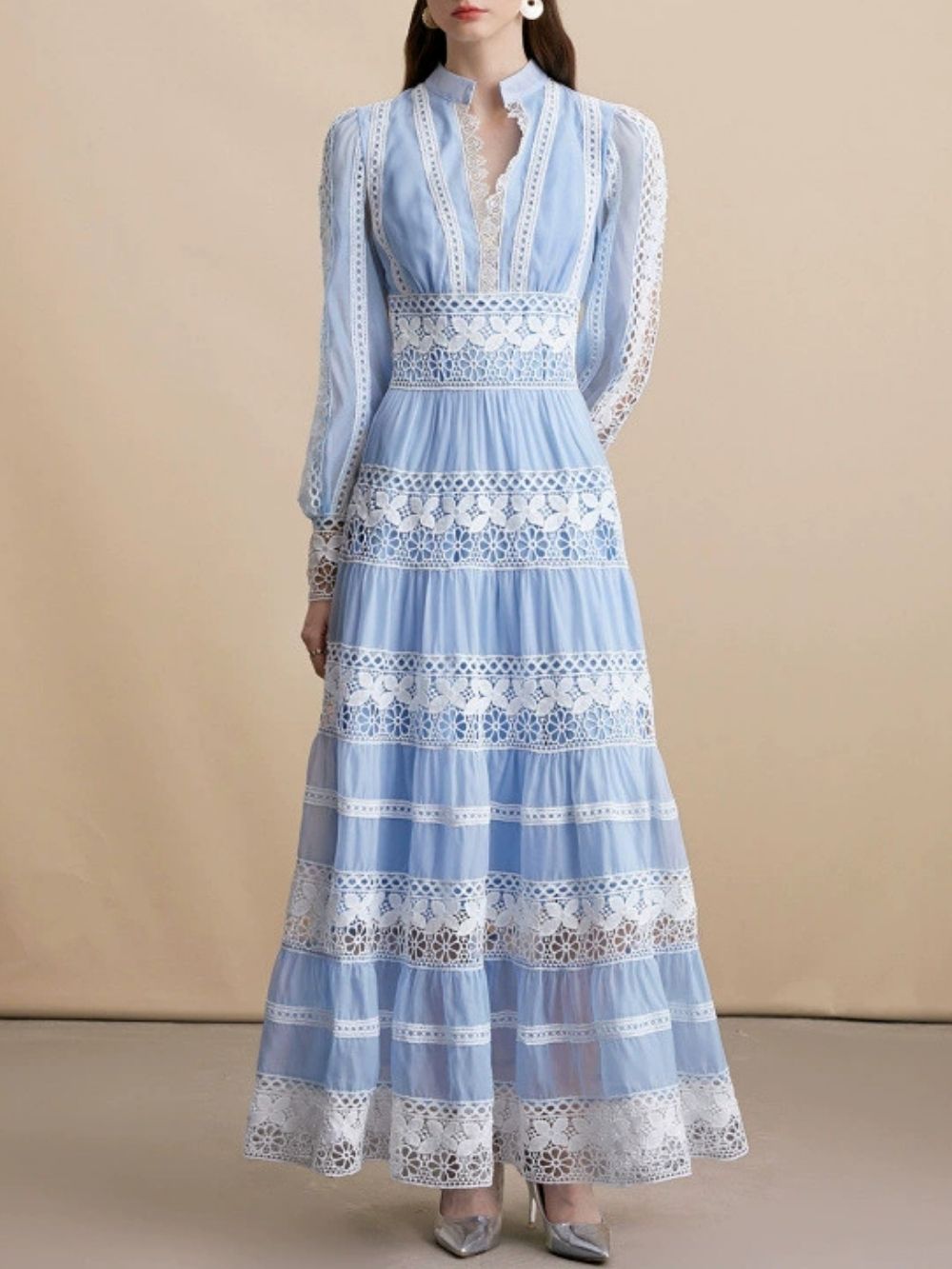 918622b3368dd6e8e758a49346d2a34a Mahnaz Blue Lace Long Sleeve Maxi Dress