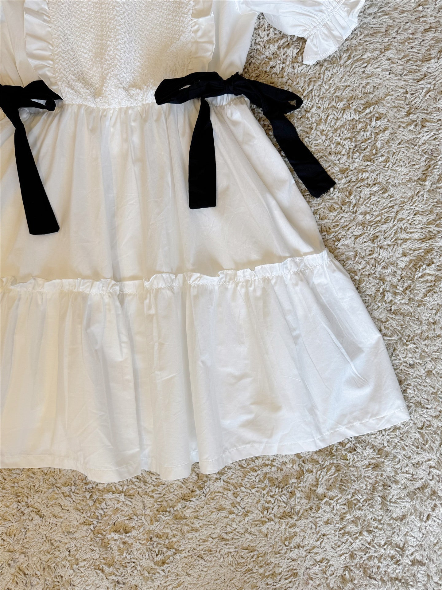 Bow Ruffled Lantern Sleeve Pocket Cotton Dress