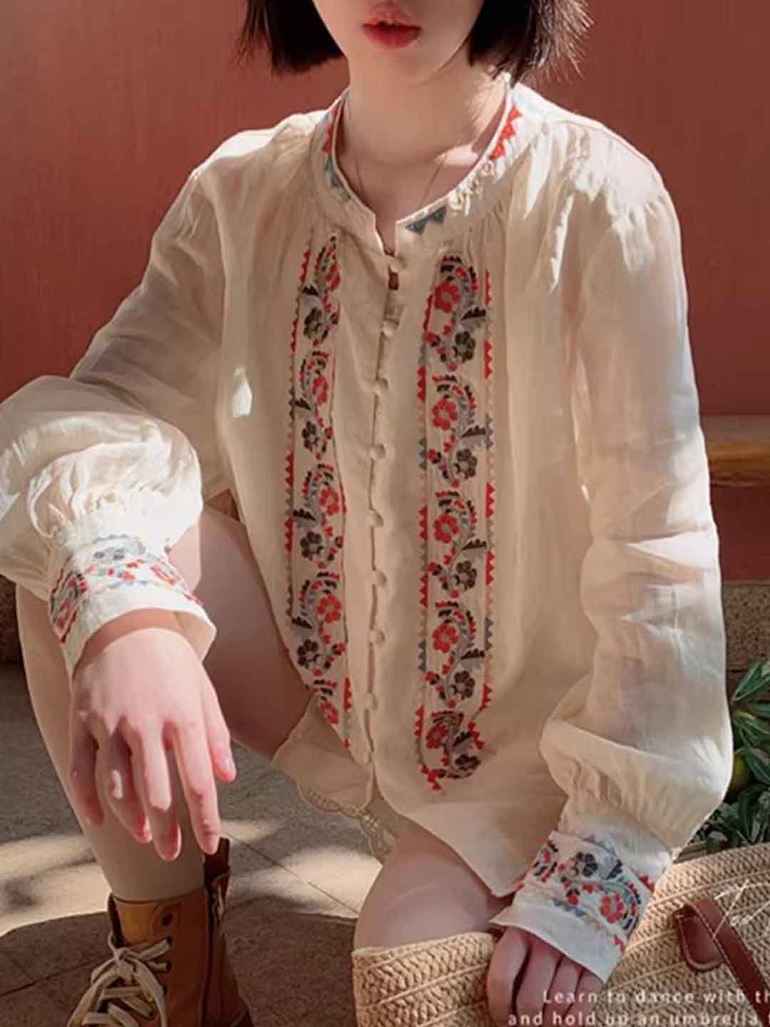 Trista Loose Crew Neck Lantern Sleeve Embroidered Top