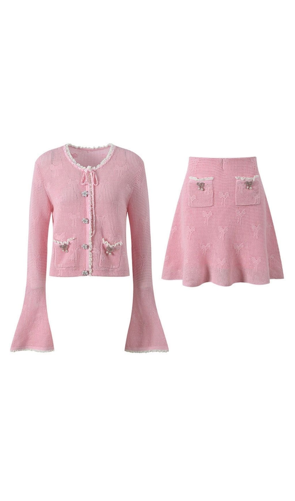 91efea21f5fb1d472860b4b154d2e63e Joanna Knit Co-Ord Set With Pearl & Bow Detailing – Pink