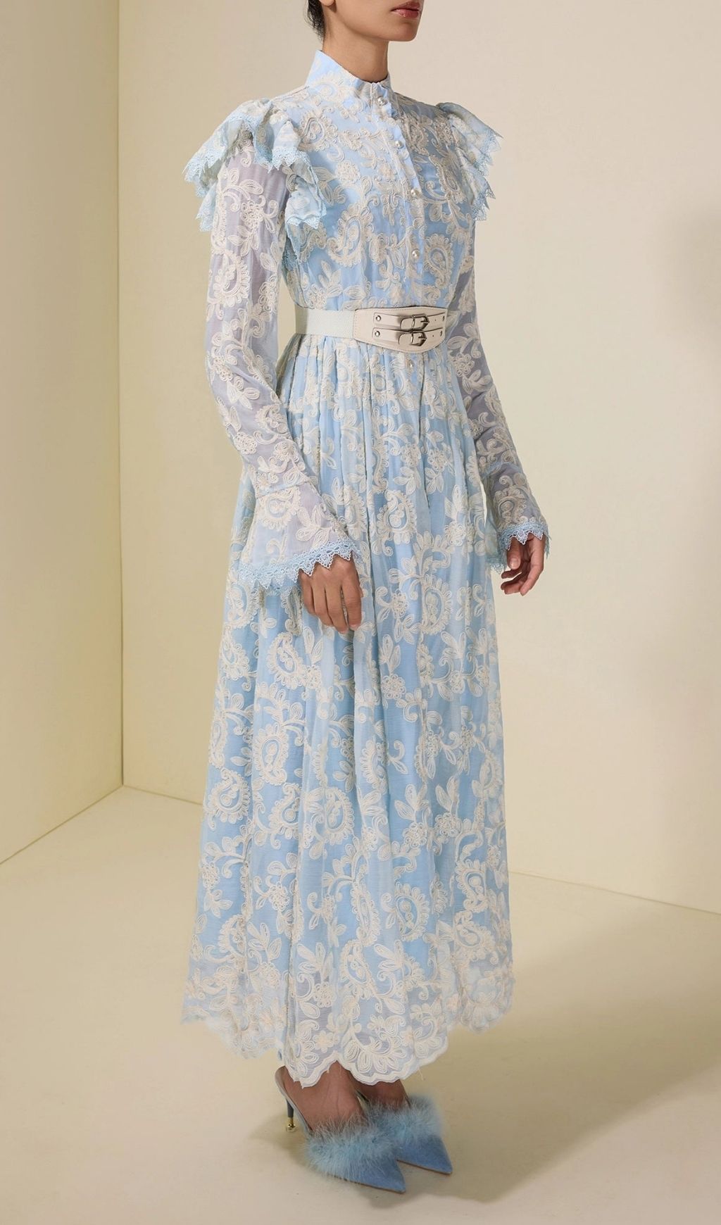 91f341cbfe401a061b4fe5032e665e48 Alma Chiffon Embroidered Single Breasted Midi Dress With Belt - Blue