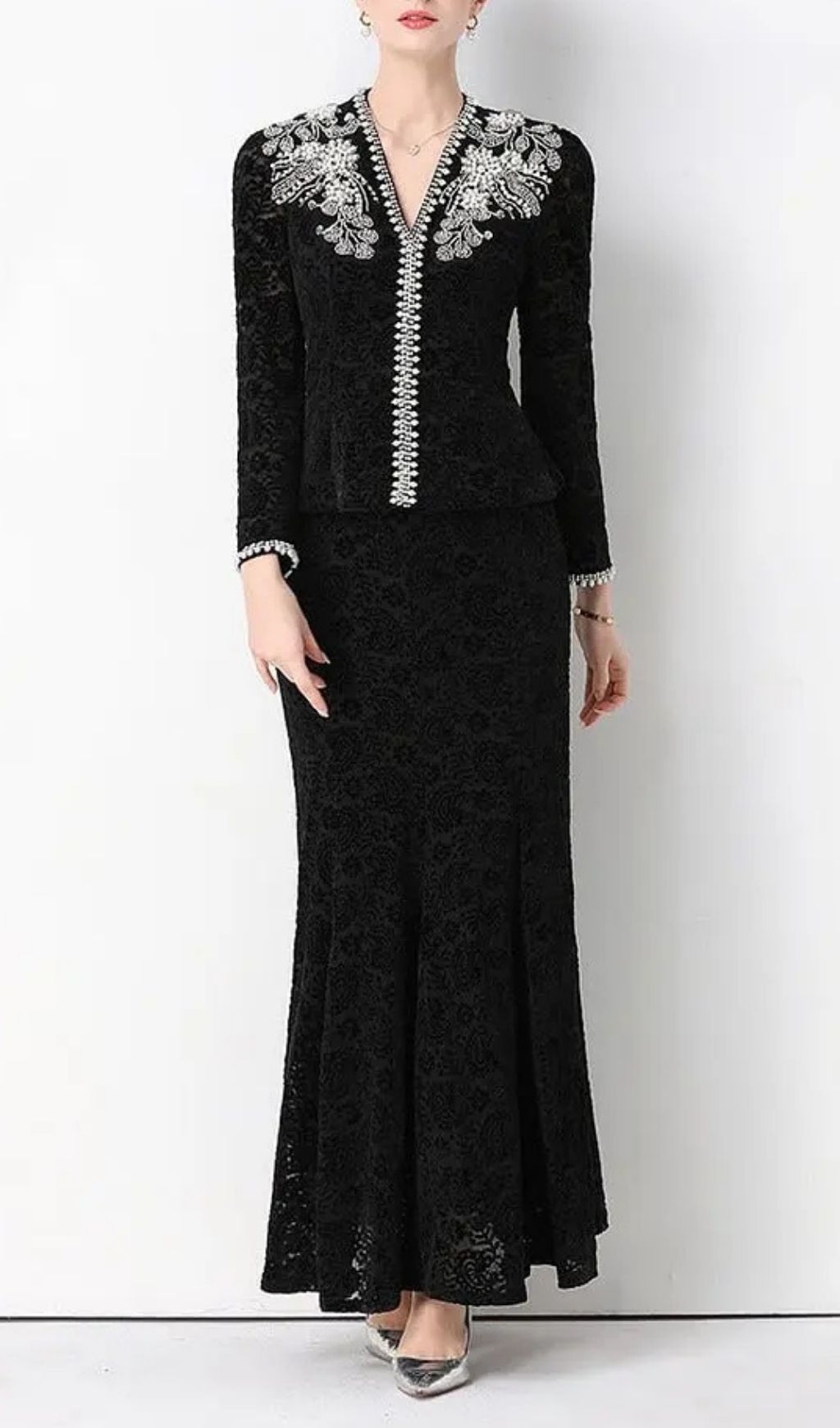 Georgia Beaded V-Neck Lace Top & Fishtail Skirt Set - Black