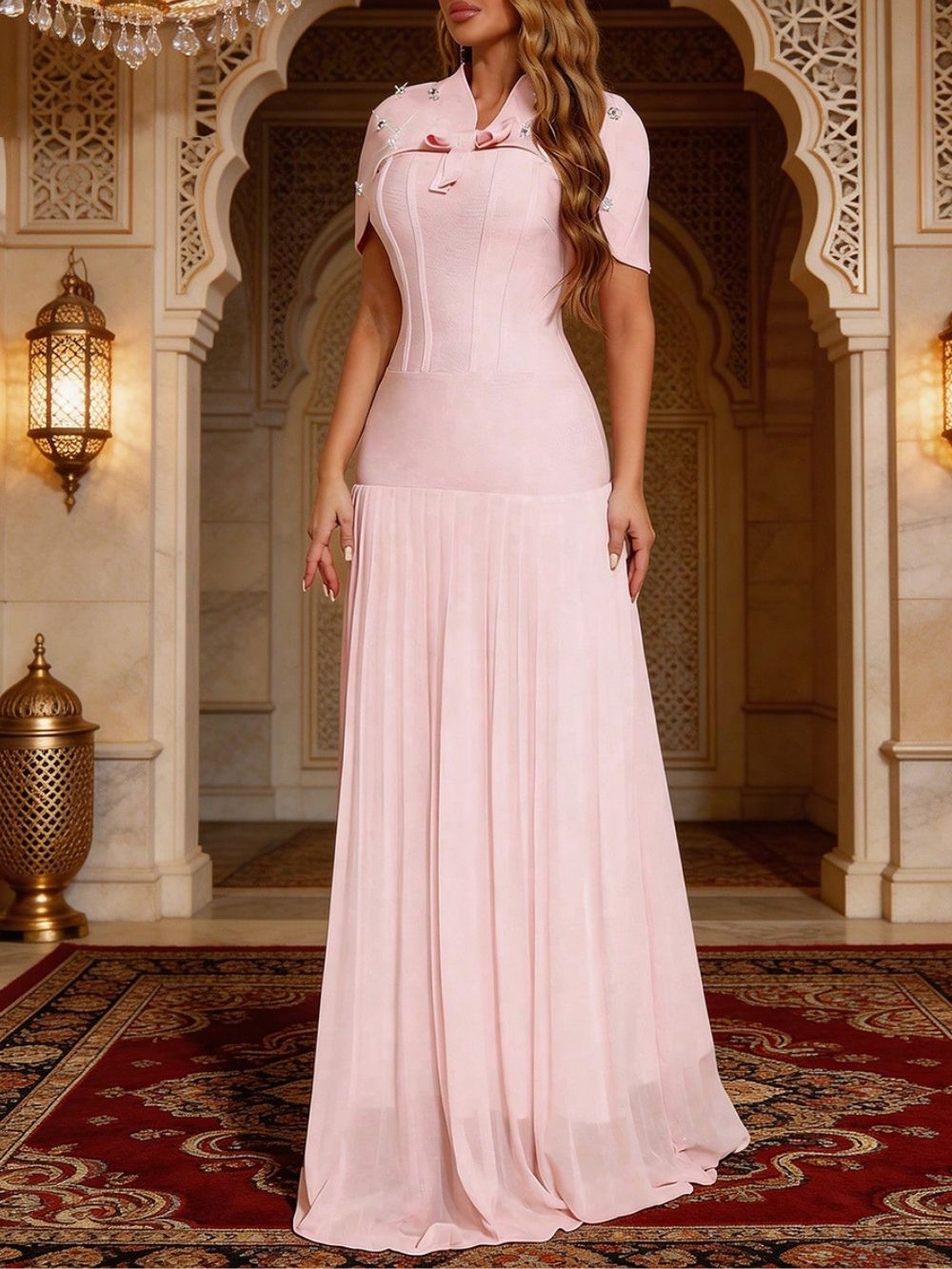 92ca3fbdb7cb703ce383c9a0e9952f2b Makiko Pink Bandage Maxi Dress With Beaded Cape