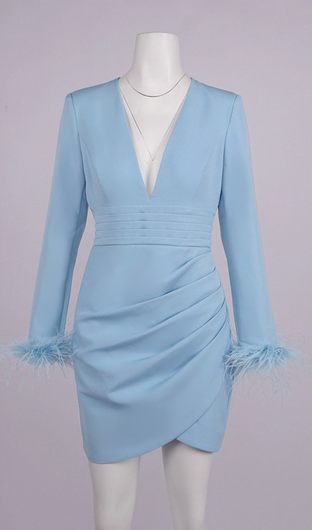 Deep V-Neck Feather Sleeve Blazer Mini Dress - Light Blue