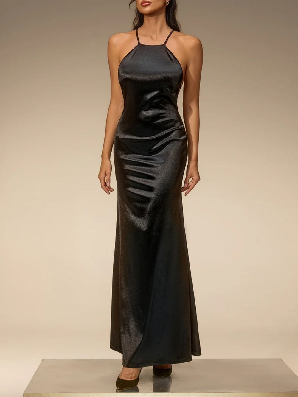Asteron Backless Satin Maxi Dress In Black