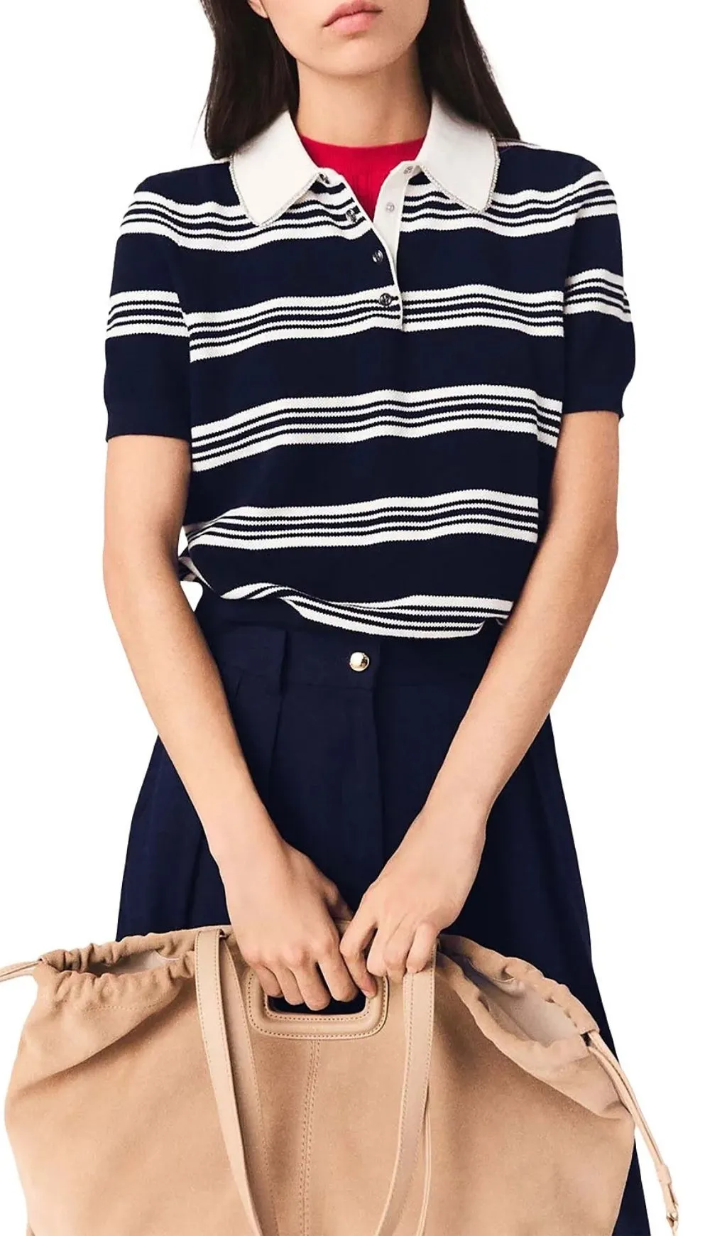 Fashionslee Women Striped Rhinestone Collar Polo