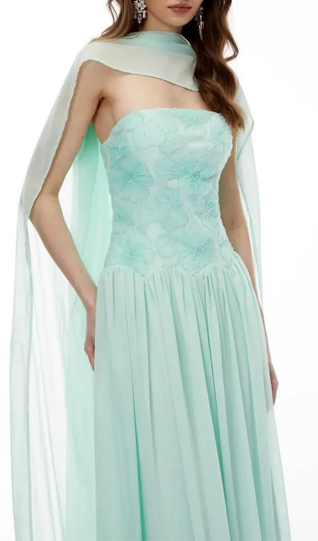 Rebecca Green Floral Embroidered Pleated Maxi Dress
