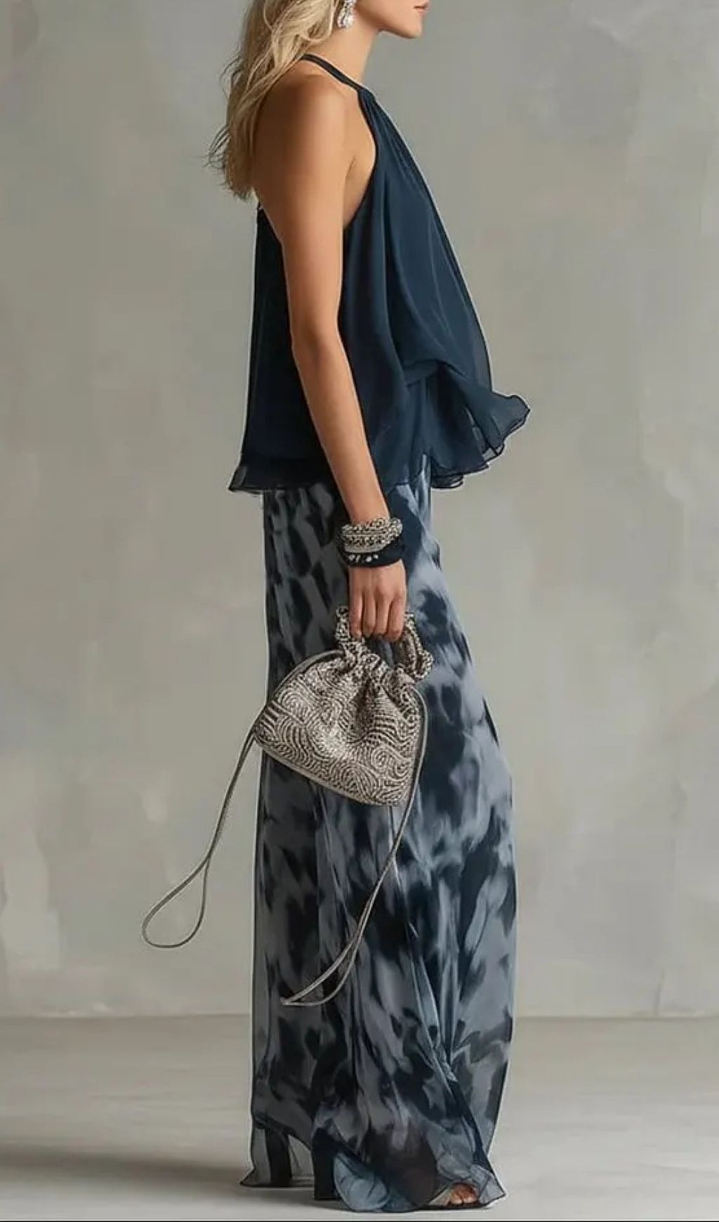 93a105708961ab3df5d17cfee05e117d.jpg Fashionslee Women Navy Halter Neck Top And Printed Wide-leg Pants Chiffon Set