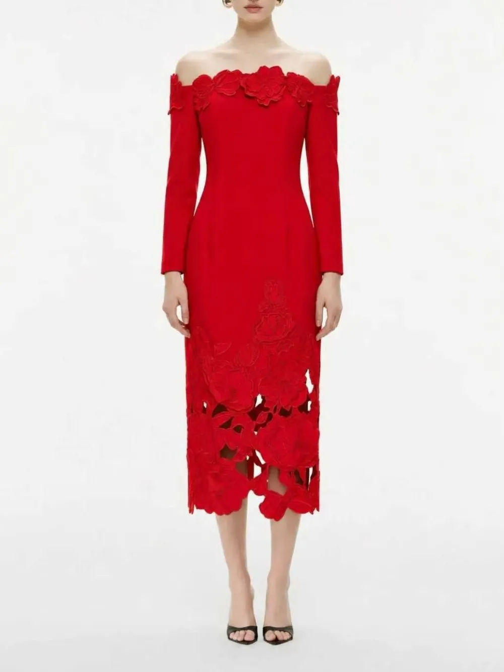 Malena Off-Shoulder Long Sleeeve Flower Midi Dress