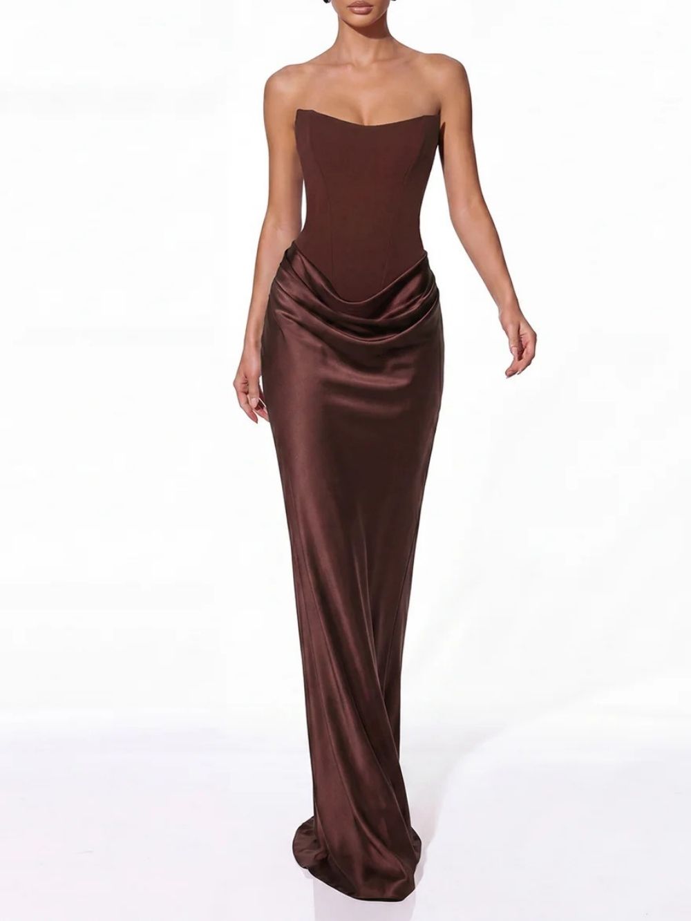 93ea869740a69b9f3c09e6488e53442f Vallissa Strapless Satin Maxi Dress In Brown