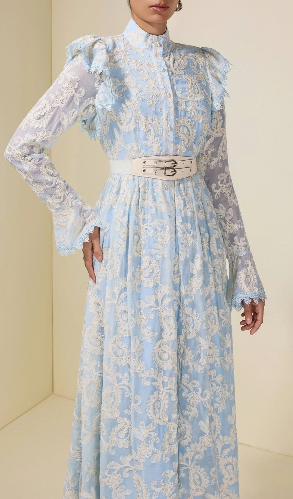 Alma Chiffon Embroidered Single Breasted Midi Dress With Belt – Blue - OWNCI Alma Chiffon Embroidered Single Breasted Midi Dress With Belt – Blue - OWNCI