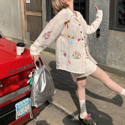 White Embroidery Cotton Linen Long Sleeve Shirt