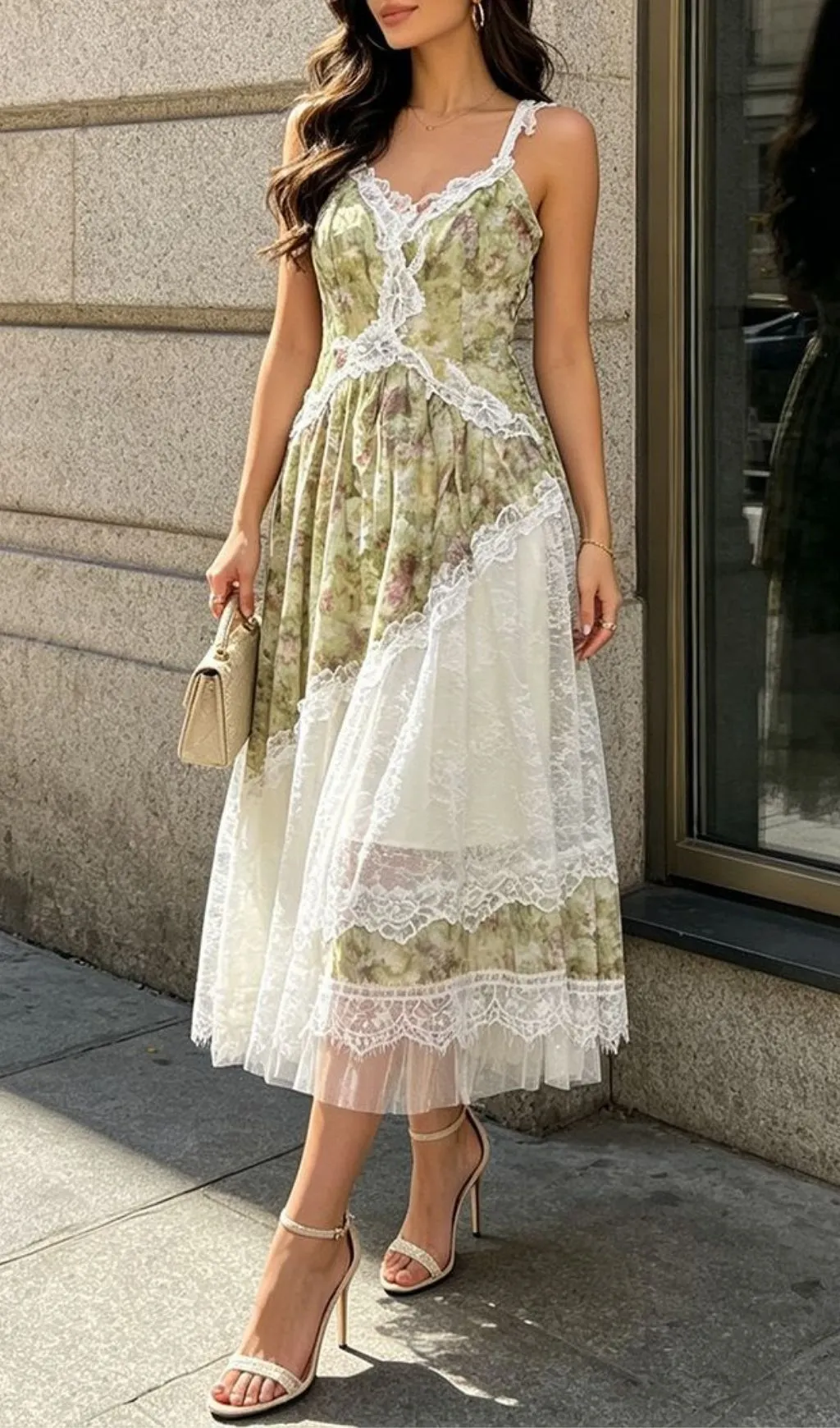 Fashionslee Women Madison Green Strappy Floral Lace Midi Dress