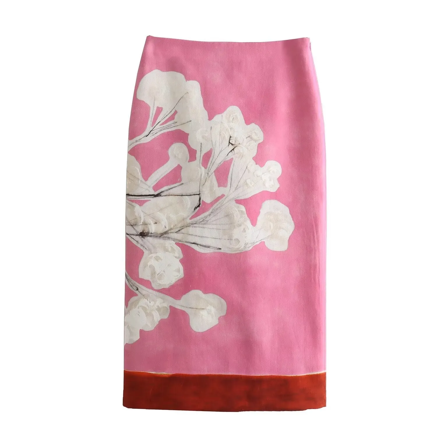 Floral Print Linen Blend Midi Skirt - Pink