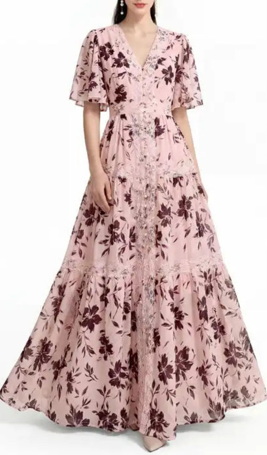 Ashley V-Neck Lace Trim Printed Maxi Dress - Pink