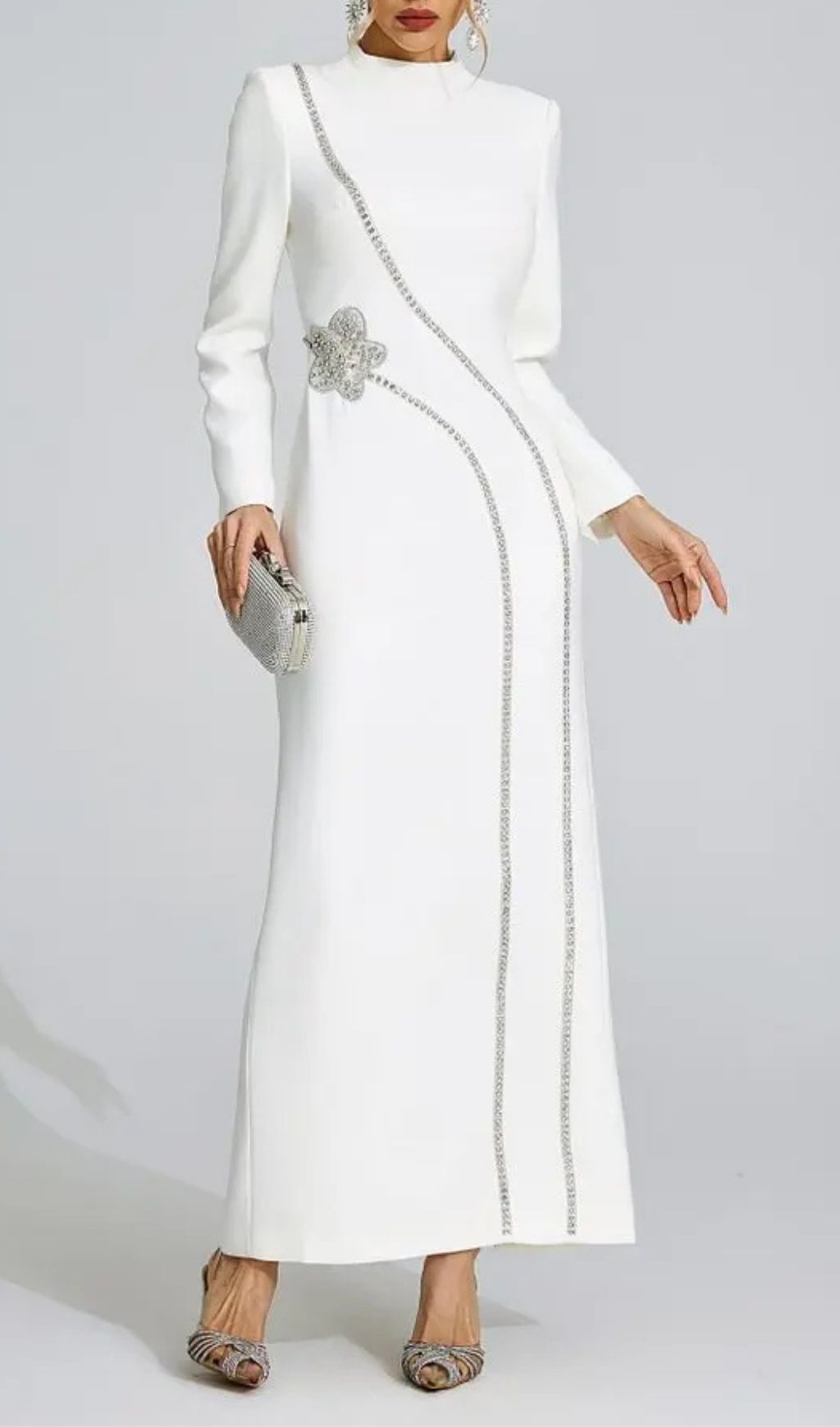 Nicola Diamond Embellished Long Sleeve Maxi Dress - White